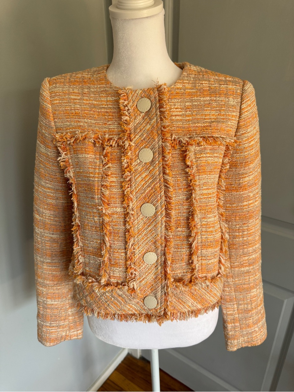 L’ Agence Orange Tweed Fringe Button Jacket NWT